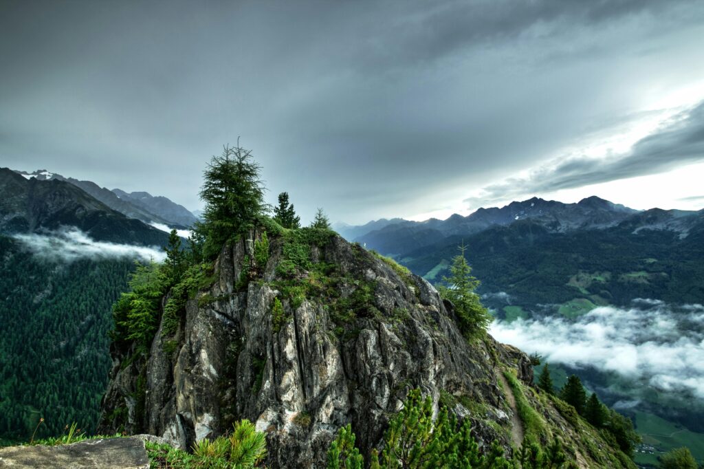 Tall mountain peak.